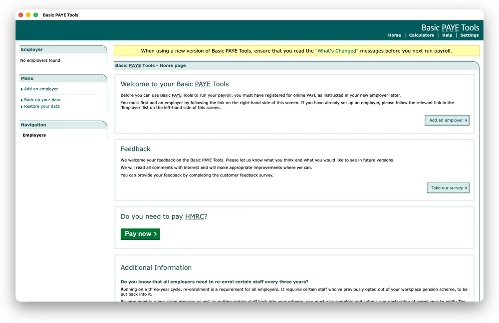 HMRC's Basic PAYE Tools home page open in its own Mac window, run by PayrollRTI